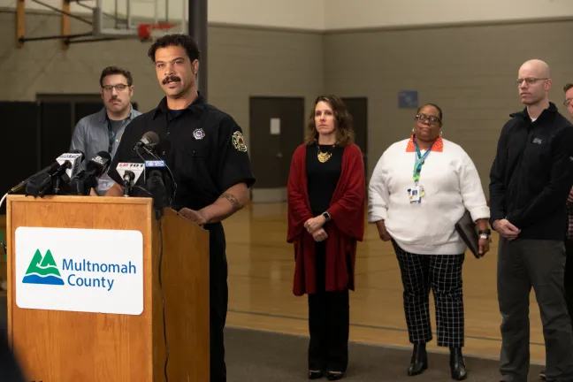 Tremaine Clayton of Portland Fire & Rescue speaks at Imago Dei Church on Nov. 13, 2019.