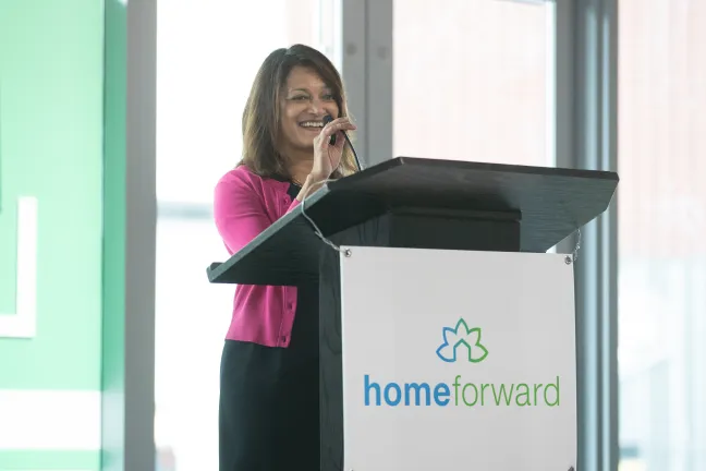 Commissioner Susheela Jayapal speaks at the opening of the Louisa Flowers Apartments on Nov. 14, 2019.