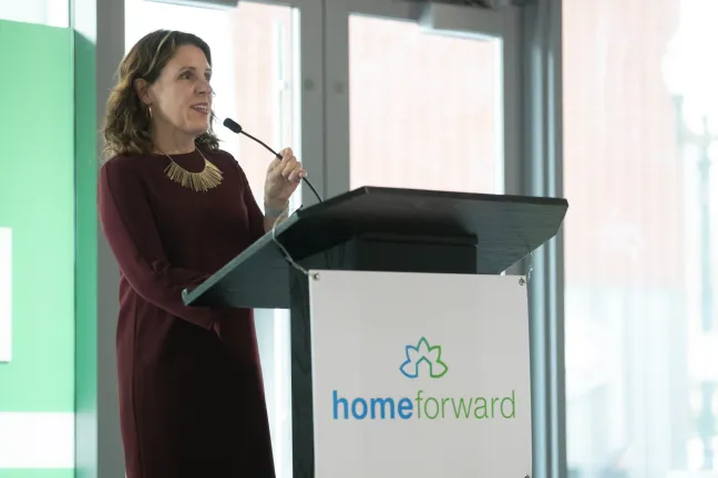 Chair Deborah Kafoury speaks at the opening of the Louisa Flowers Apartments on Nov. 14, 2019.