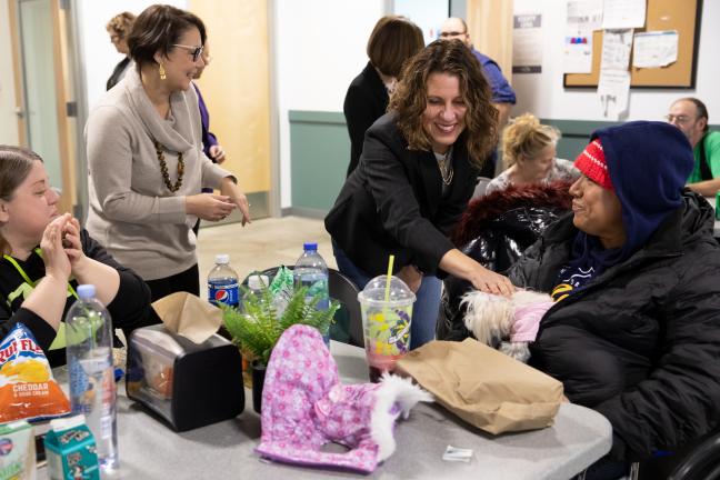 Chair Deborah Kafoury and Commissioner Jessica Vega Pederson visit with residents at the Laurelwood Center on Friday, Dec. 6, 2019.