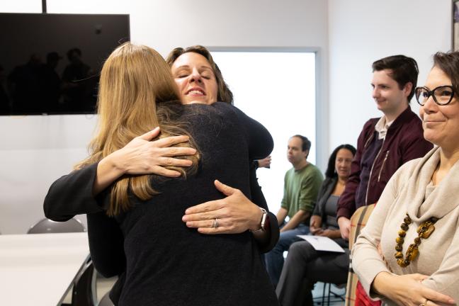 Chair Deborah Kafoury embraces a participant at the Laurelwood Center on Friday, Dec. 6, 2019.