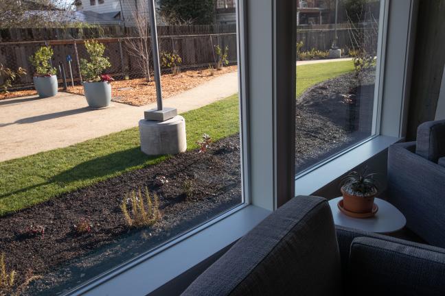 Looking out from the day space in Portland Homeless Family Solutions' Family Village shelter in Lents, which opened Dec. 16, 2019.