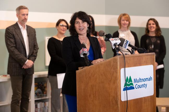 Commissioner Sharon Meieran speaks at the opening of the Family Village shelter Dec. 16, 2019.