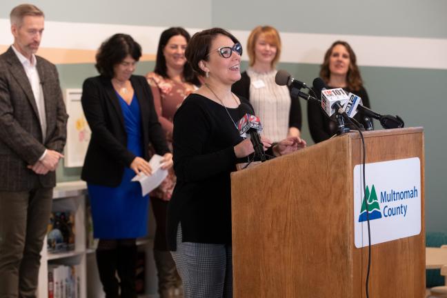 Commissioner Jessica Vega Pederson speaks at the opening of the Family Village shelter Dec. 16, 2019..