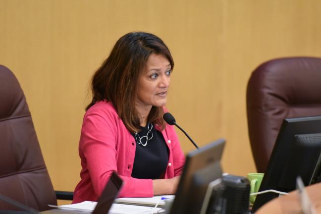 Commissioner Susheela Jayapal questions county staff about proposed vehicle fee increase.