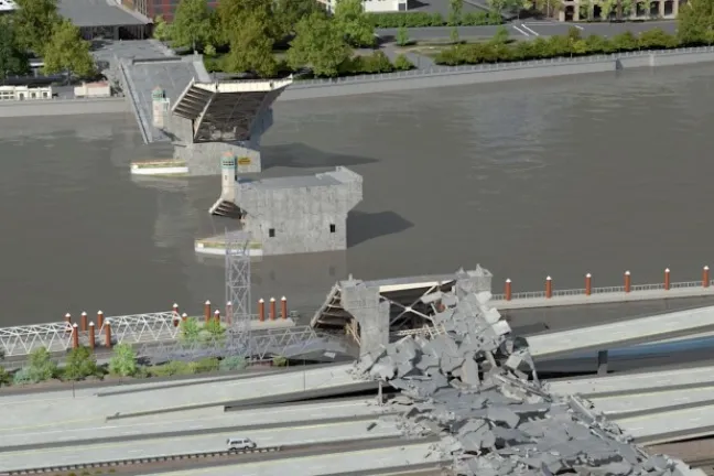 An artist rendering of a collapsed Burnside Bridge after a major earthquake.