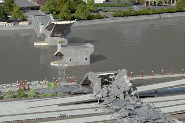 An artist rendering of a collapsed Burnside Bridge after a major earthquake.
