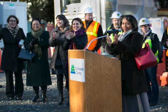 Director of Integrated Clinical Services Vanetta Abdellatif speaks during groundbreaking for new Health Department headquarters.