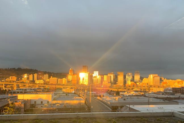 Winter sunlight reflects off the new courthouse building.