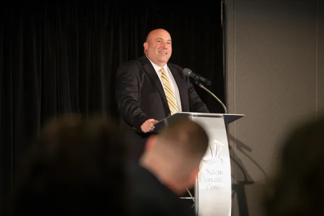 Oregon Elections Director Steve Trout speaks to guests at 2020 Election and Campaign Security Symposium.
