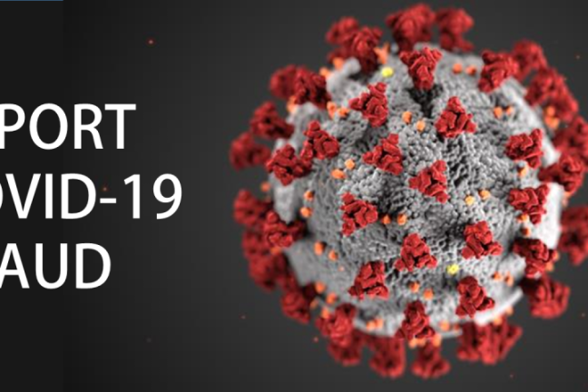 Image of a COVID-19 molecule with caption: Report COVID-19 Fraud