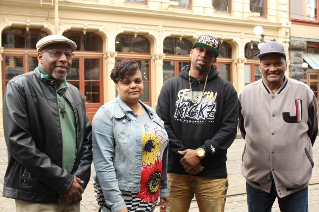 Photo courtesy Central City Concern includes Flip The Script Advocacy Coordinator Billy Anfield (left) , FTS Housing Specialist Lisa Bonner Brown, FTS Housing Specialist David Jefferson, FTS Peer Mentor Ron Williams.