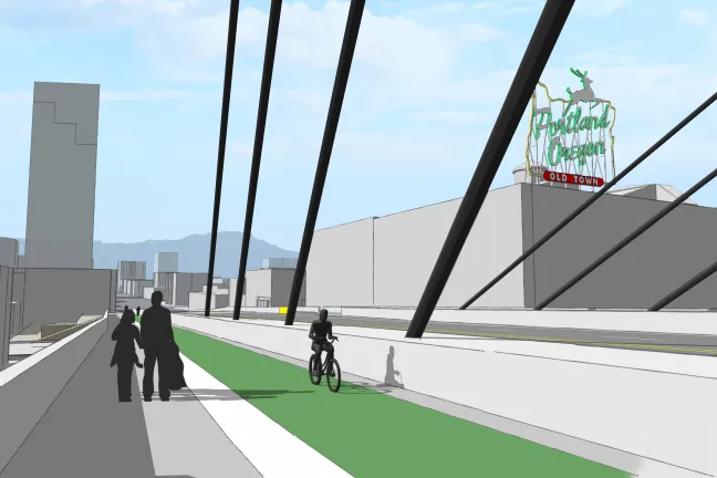 A view of the Portland sign in Old Town from south sidewalk of a long span Burnside Bridge, with cable stayed design.
