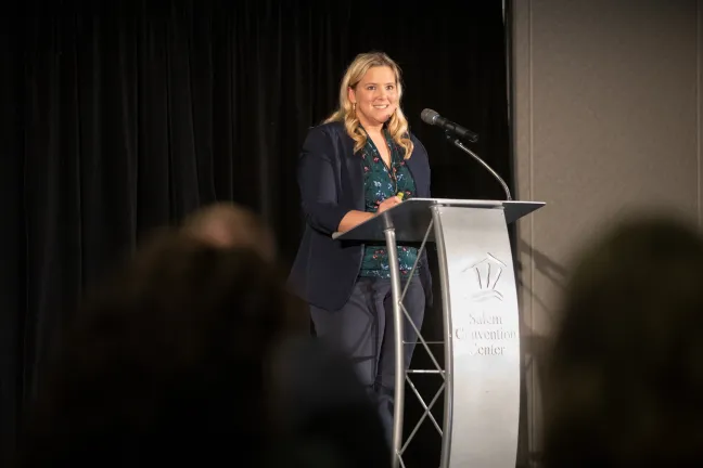 Photo of Samantha Korta speaking at February 2020 Election Security Symposium.