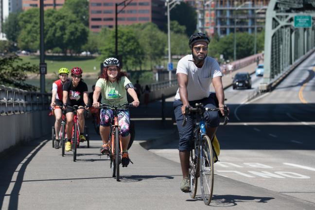 Bike riders on the Hawthorne Bridge in 2018