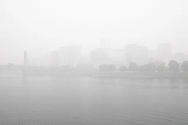 Portland Waterfront barely visible on Sept. 15 from record-breaking wildfire smoke.
