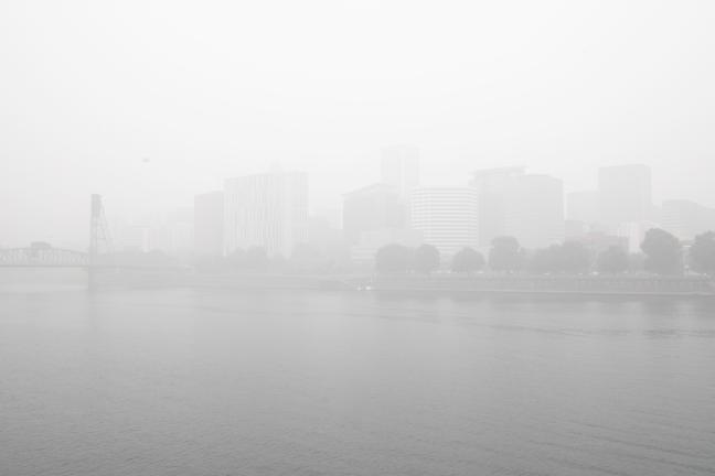 Portland Waterfront barely visible on Sept. 15 from record-breaking wildfire smoke.