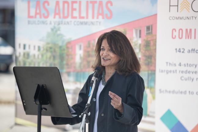 Commissioner Susheela Jayapal speaking at the groundbreaking.