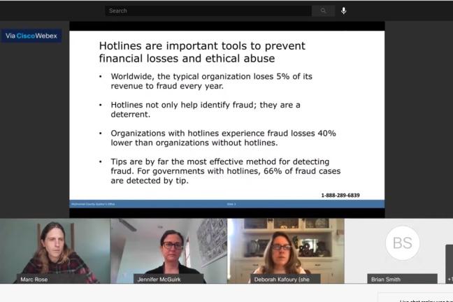 Screenshot of the 4/13/21 board presentation of the 2020 Good Government Hotline Activity Report