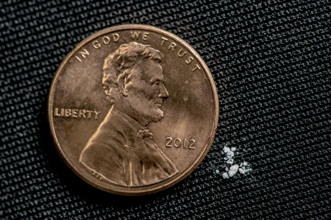 Two milligrams of fentanyl, shown here, is enough to kill someone; that's about the weight of a couple grains of sand.