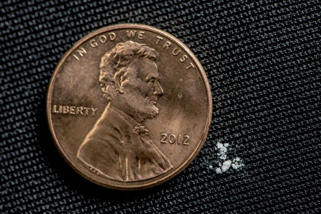 Two milligrams of fentanyl, shown here, is enough to kill someone; that's about the weight of a couple grains of sand.