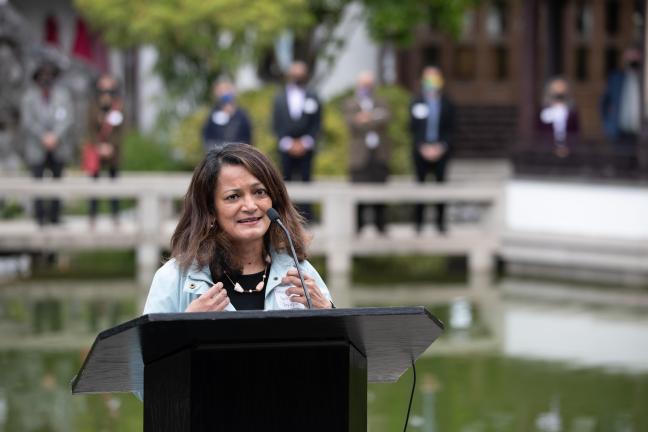 Commissioner Susheela Jayapal speaks at the rally against anti-Asian bias incidents.