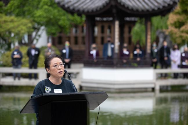 Commissioner Lori Stegmann at May 8 rally against anti-Asian hate crimes,