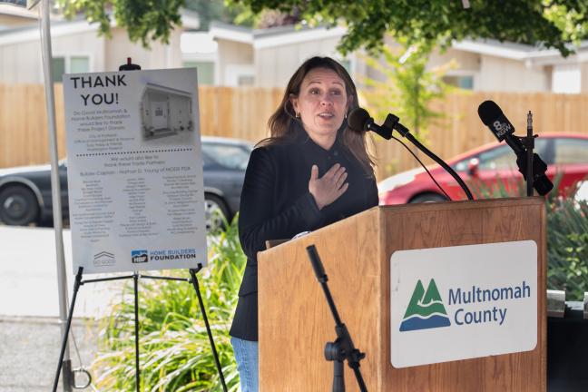 Chair Deborah Kafoury speaks during a ceremony to thank supporters of the St. Johns Village on May 21, 2021.