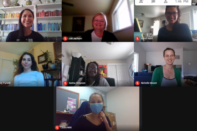 Team photo of Victim and Survivor Services Unit; Google hangout grid showing faces of seven members of the team