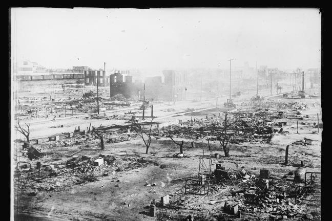 Photo of a decimated landscape after the 1921 Tulsa Race Massacre. Credit: Library of Congress