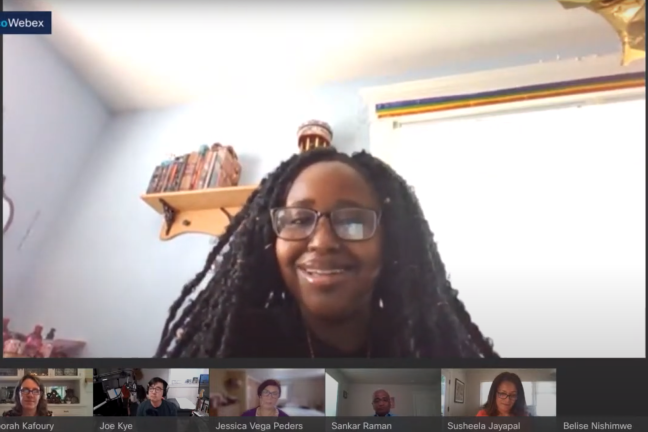 Screenshot of Belise Nishimwe speaking to Board of County Commissioners in a virtual meeting