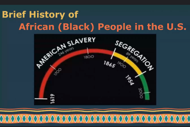 Slide from 6/16/21 Juneteenth virtual celebration showing the timeline of African (Black) people in the U.S., to show the length of slavery and segregation