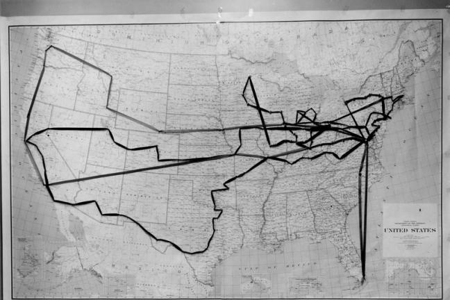 Photo of United States map of President Harry S. Truman's 1948 Whistlestop Tour, with ribbons and pins marking the route and stops on the tour.