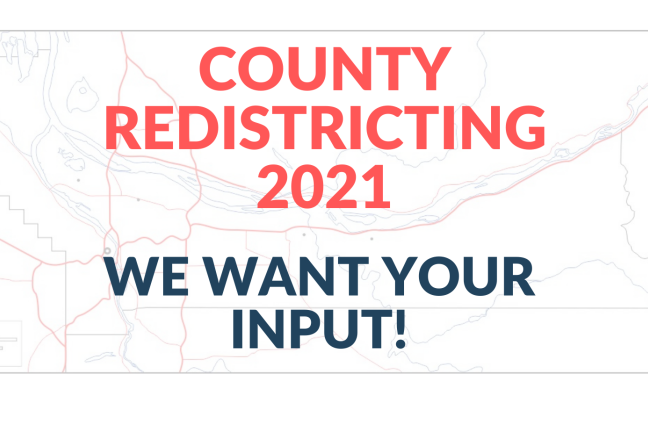 Graphic: transparent map of Multnomah County in the background; text in the foreground reads: County Redistricting 2021 - We want your input!