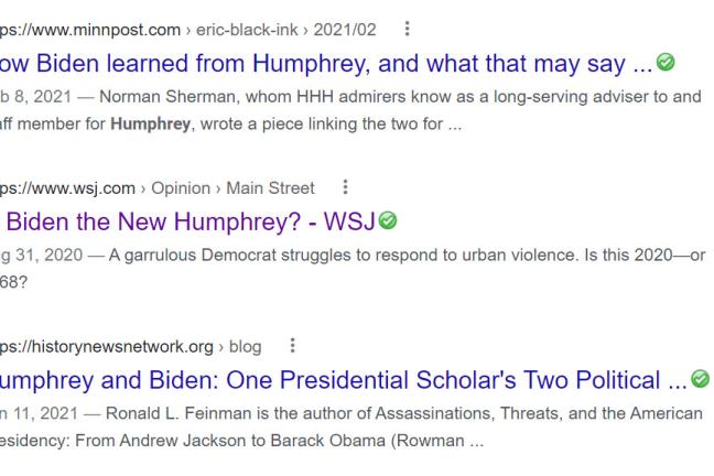 Screenshot of Google search results listing articles comparing Hubert Humphrey and Joseph Biden