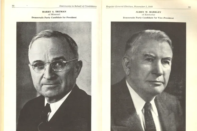 Scanned image of 1948 voter pamphlet with photographs of presidential Alben W. Barkleycandidate Harry S. Truman and vice-presidential candidate