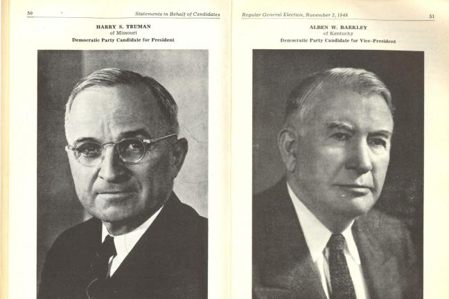 Scanned image of 1948 voter pamphlet with photographs of presidential Alben W. Barkleycandidate Harry S. Truman and vice-presidential candidate 