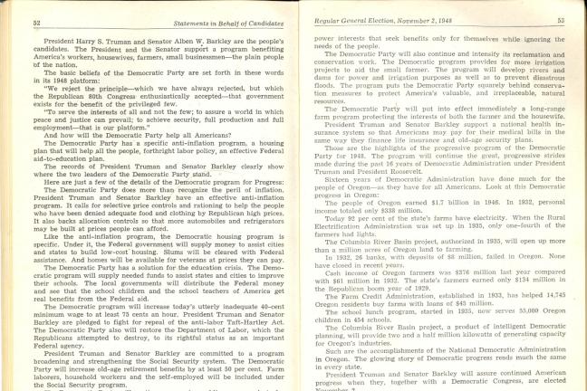 Scanned image of 1948 voter pamphlet pages showing statement in behalf of presidential candidate Harry S. Truman