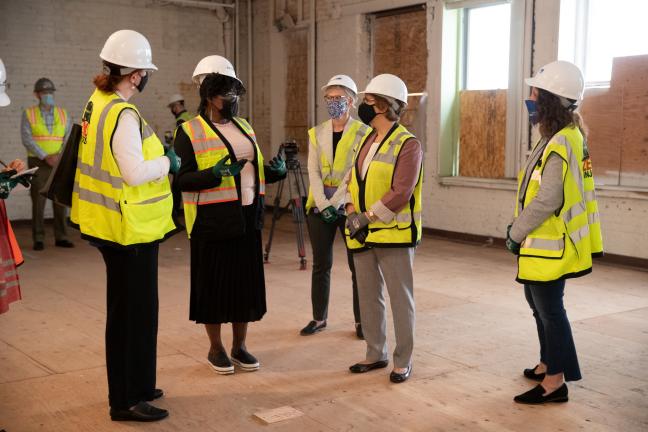 Health Department Director Ebony Clarke speaks to Congresswoman Suzanne Bonamici during a tour of the Behavioral Health Resource Center, July 2021