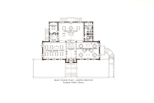 Original floor plan of the first floor of Albina Library. Spaces shown are the General Reading Room, Delivery area, Children's Reading Room, meeting room, librarian's office, open shelf room, staff rest room, kitchen, stairs and vestibule.