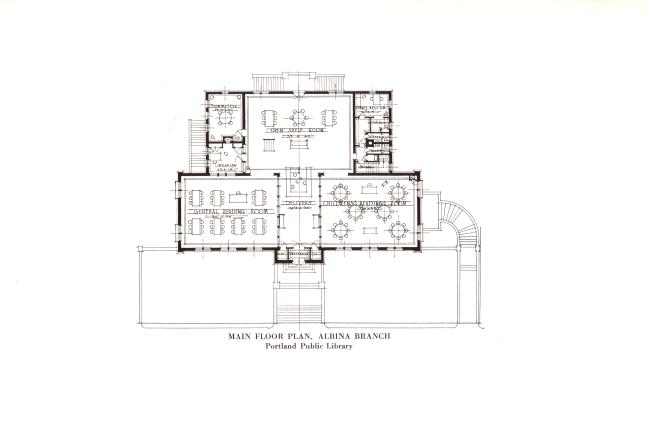 Original floor plan of the first floor of Albina Library. Spaces shown are the General Reading Room, Delivery area, Children's Reading Room, meeting room, librarian's office, open shelf room, staff rest room, kitchen, stairs and vestibule.