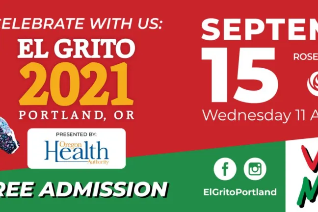 Una invitación de color rojo a El Grito el 15 de septiembre en el Rose Quarter con un bailarín a la izquierda.