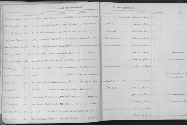 Scanned image of handwritten page of Record of Coroner's Investigations. The entries are from 1894 and include details, such as name of the deceased, their age, gender, residence, death date and place, the date of the inquest, the cause of death, etc.