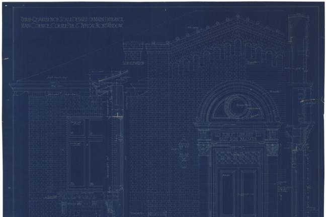 Three quarter inch scale details of main entrance, main cornice, corner pier and typical front window of East Portland Branch Library