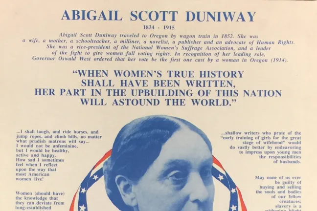 Promotional poster for Metropolitan Human Rights Commission with image of Abigail Scott Duniway and a collage of quotes attributed to her