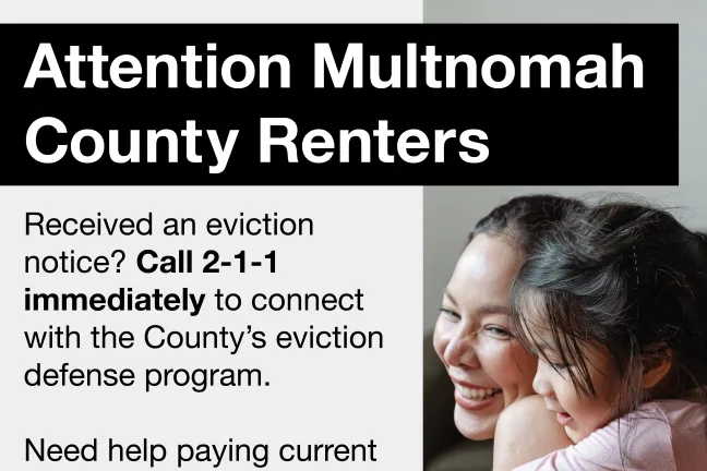 An image of a mother and her daughter with the headline "Attention renters" including instructions on how to apply for rent assistance
