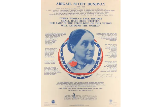 Cartel que promociona a la sufragista de Portland Abigail Scott Duniway