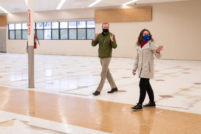 Marc Jolin and Chair Deborah Kafoury tour the recently purchased Arbor Lodge shelter site on Dec. 22, 2020.