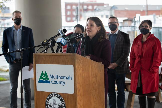 Chair Deborah Kafoury speaks at a media event on a $38 million Portland/Multnomah County homelessness package on Nov. 1, 2021.