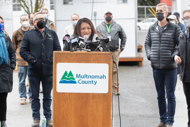 Commissioner Susheela Jayapal briefs reporters on severe and winter weather planning Nov. 19, 2021.